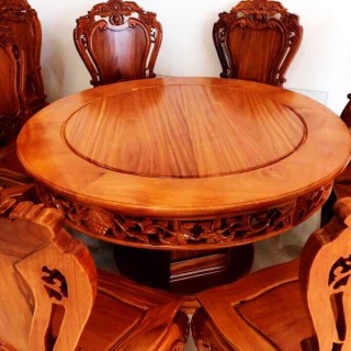 Bộ bàn ăn gỗ nguyên khối tròn gỗ Gõ đỏ (Kate)